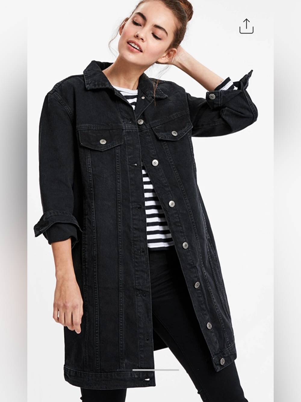 LCW MODEST Long Button Down Utility Distressed Denim Jacket Black Women L